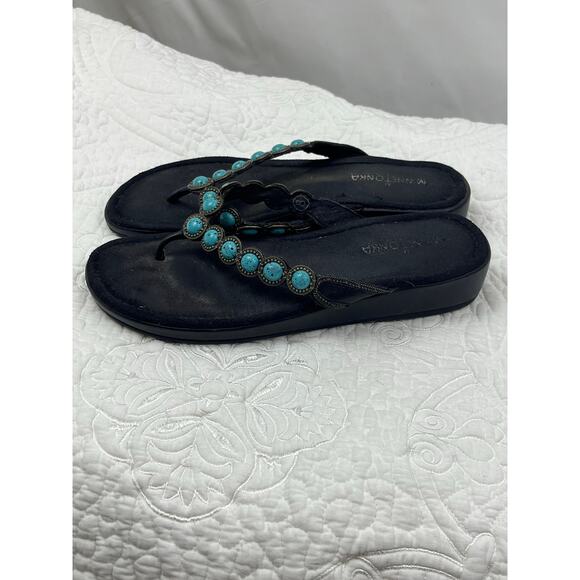 Minnetonka Women's Size 8 Blue/Black Faux Turquoise T-Post Wedge Sandals Comfort - Picture 9 of 10